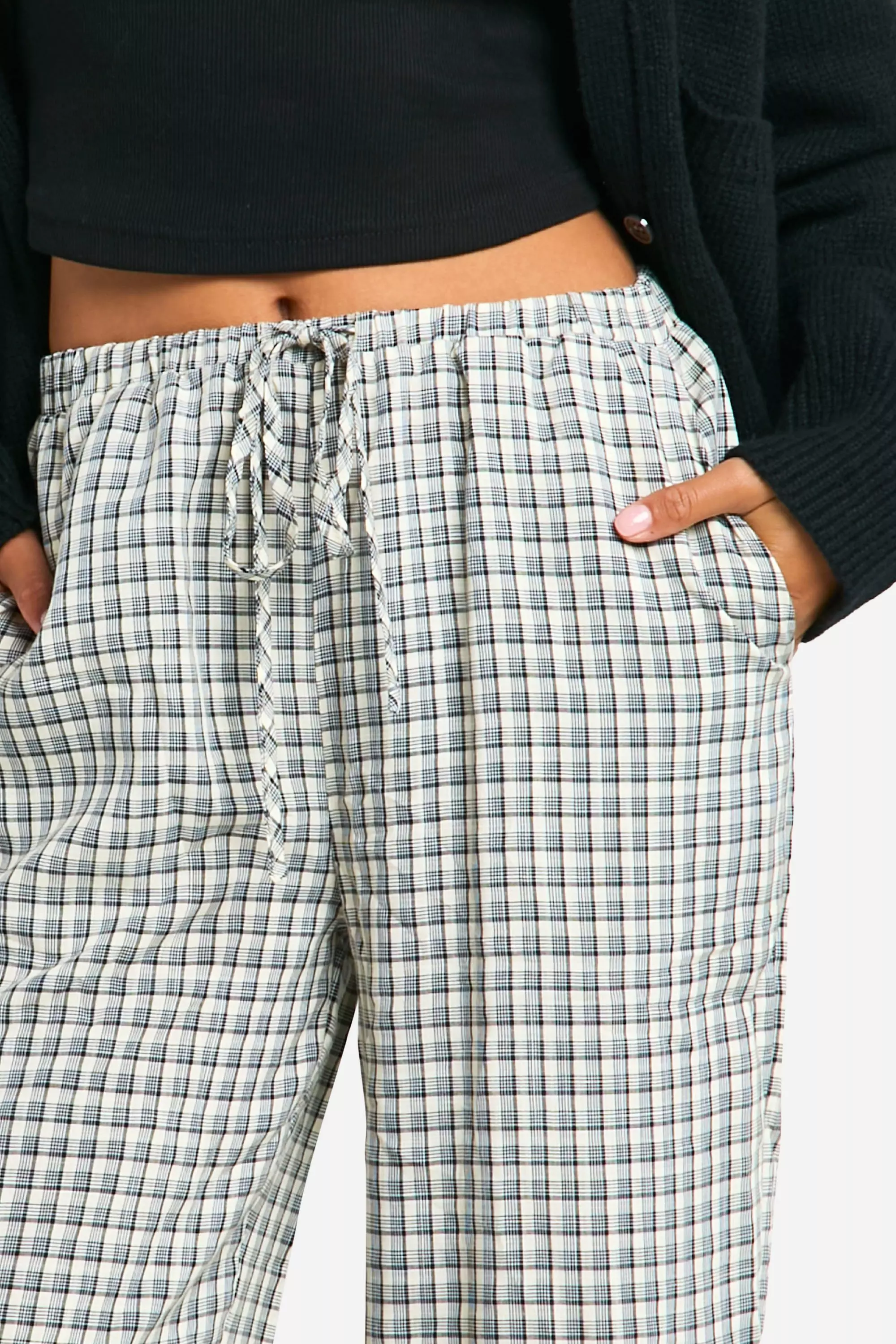 Black Petite Grid Check Drawstring Wide Leg Trouser  alternative image
