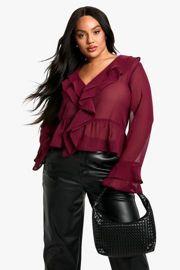 Plus Woven Ruffle Blouse berry