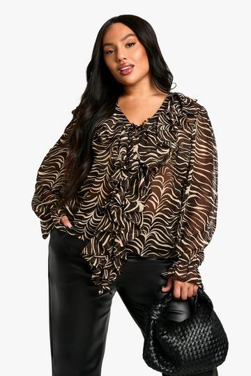 Brown Plus Woven Animal Print Smock Top