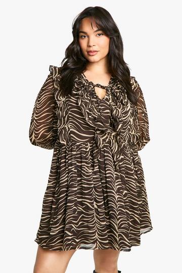 Plus Woven Ruffle Animal Print Smock Dress brown