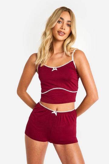 Bow Trim Cami and Short Pyjama Set burgundy