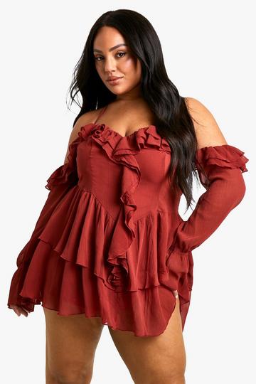 Plus Chiffon Ruffle Off Shoulder Skater Dress malbec