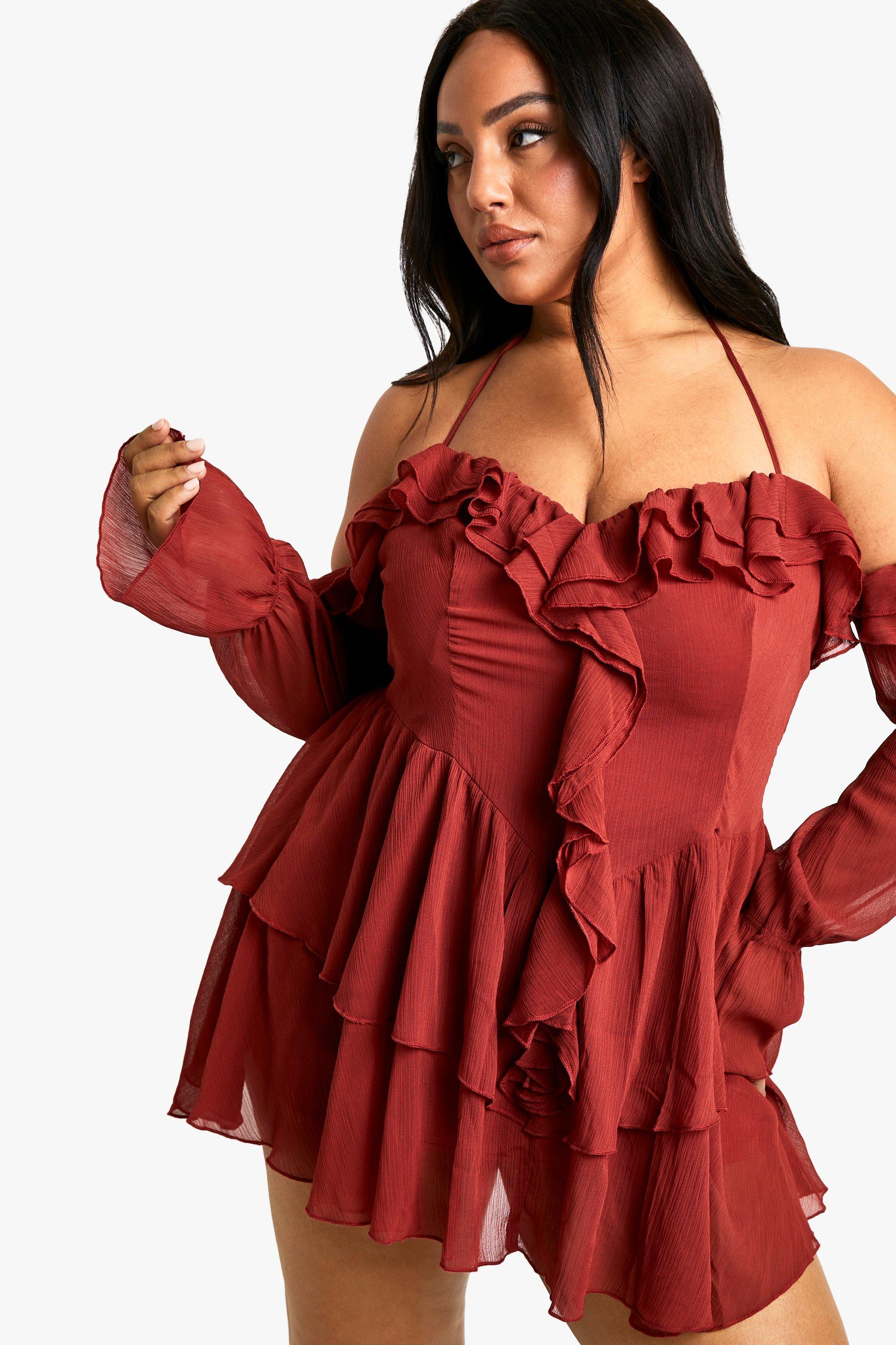 boohoo Women s Plus Chiffon Ruffle Off Shoulder Skater Dress Red Mini Dresses