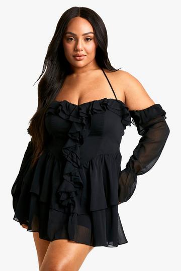 Plus Chiffon Off Cold Shoulder Skater Dress black