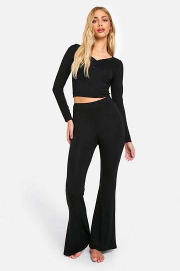 Soft Touch Button Detail Trouser Pyjama Set black