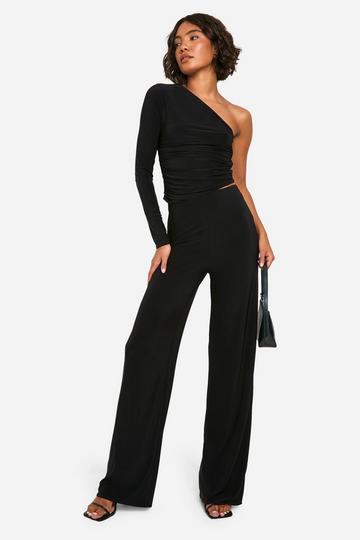 Tall Dubbele Strakke Top Met Eén Blote Schouder En Wide Leg Broek Set black