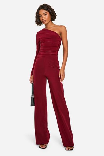 Tall Double Slinky One Shoulder Top and Wide Leg Trouser Co-ord wine