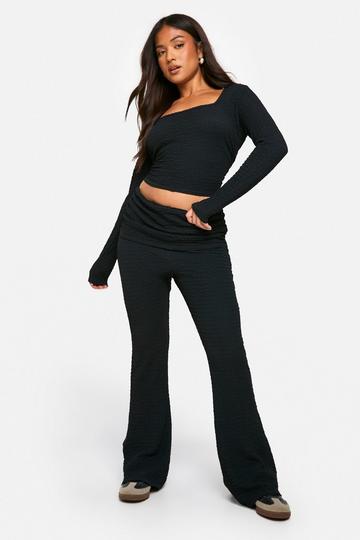 Petite Crinkle Long Sleeve Top and Foldover Flare Co-ord black