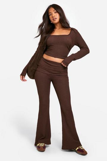 Petite Crinkle Long Sleeve Top and Foldover Flare Co-ord chocolate