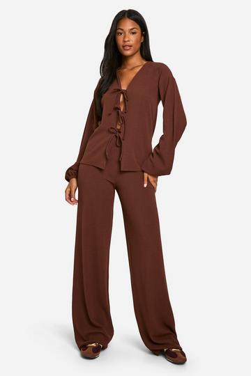 Tall Crinkle Tie Front Blouse And Pants Co-Ord chocolate