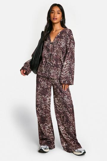 Multi Petite Crinkle Leopard Tie Front Blouse and Trouser Co-ord