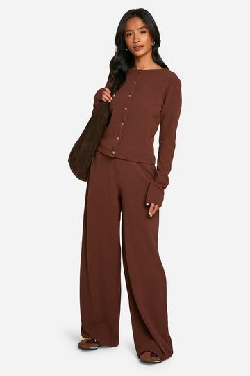 Petite Crinkle Cradigan And Wide Leg Pants Co-Ord chocolate