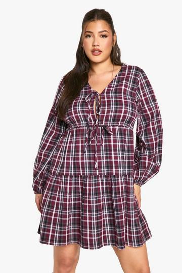 Red Plus Check Tie Front Smock Dress