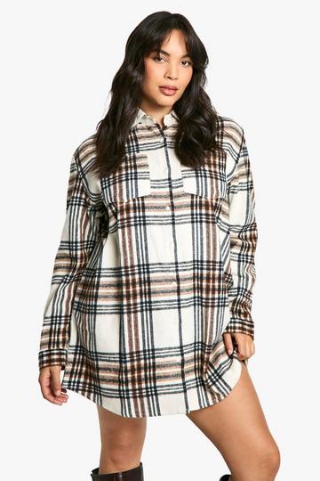 Stone Beige Plus Check Shirt Dress