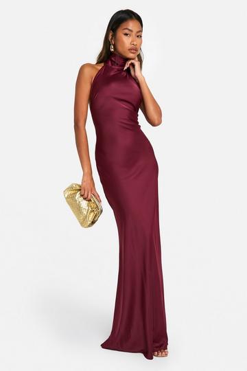 Satijnen Maxi Jurk Met Halter Neck wine