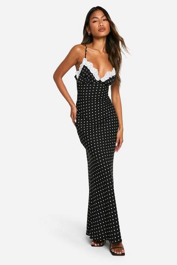 Polka Dot Lace Trim Maxi Dress black