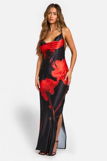 Large Floral Satin Maxi Dress black