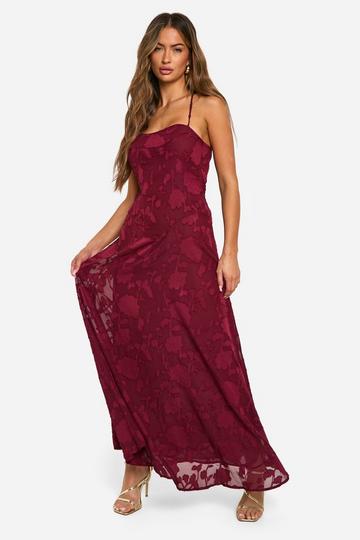 Wine Red Burnout Floral Tie Back Maxi Dress