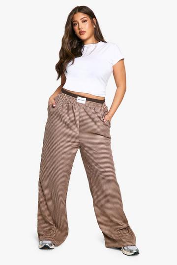 plus check contrast waistband wide leg trouser brown