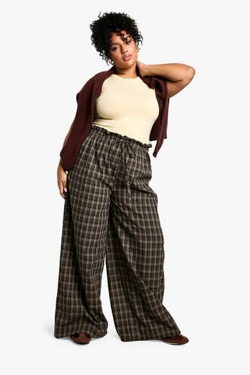 Brown plus check elasticated waistband wide leg trousers