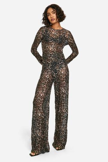 Tall Sheer Leopard Print Crushed Lace Wide Leg Trousers leopard