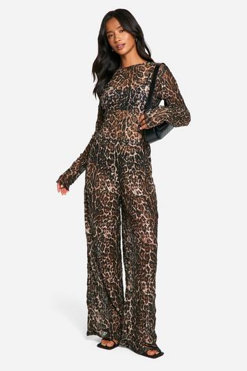 Multi Petite Sheer Leopard Print Crushed Lace Wide Leg Trousers