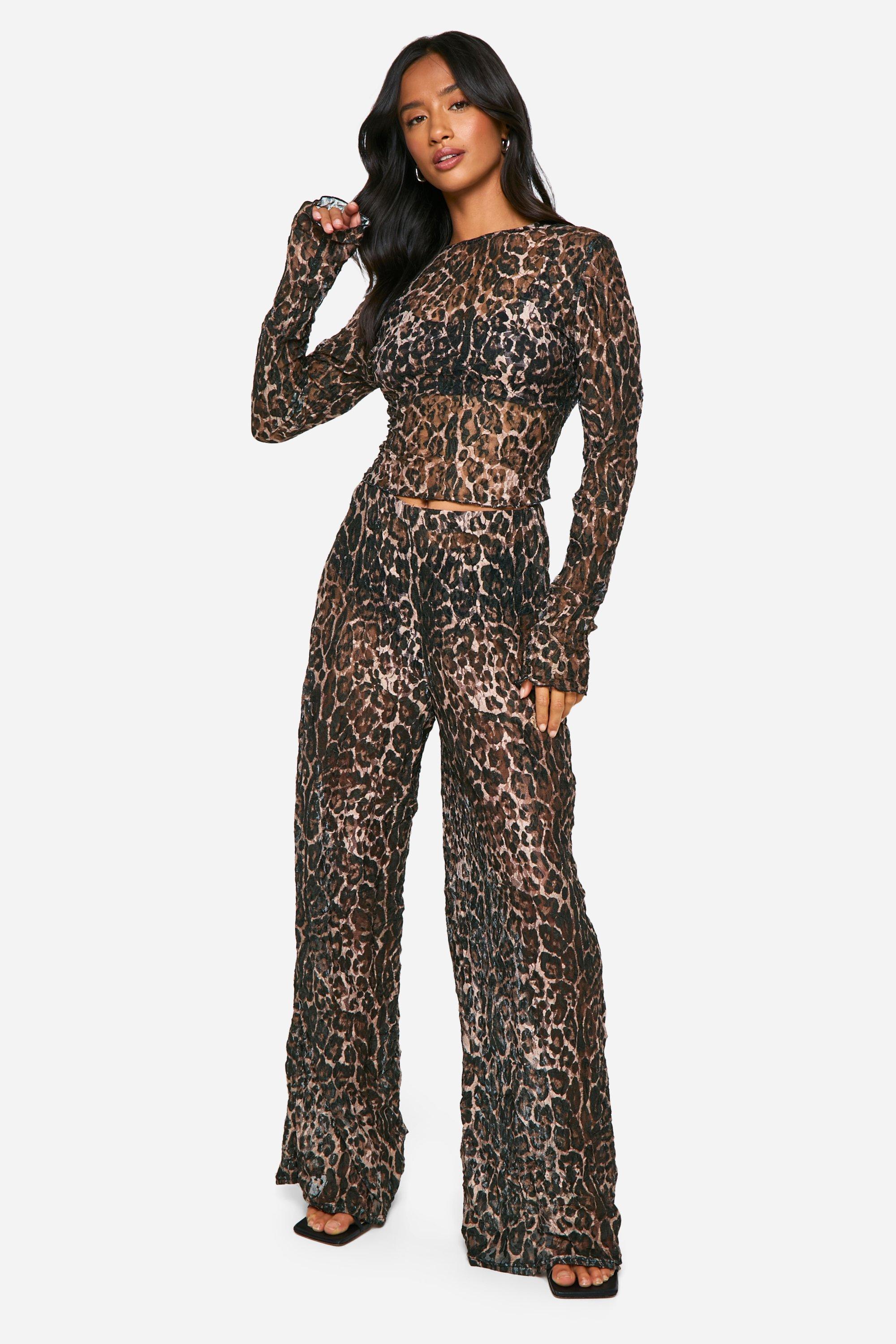Petite Sheer Leopard Print Crushed Lace Wide Leg Trousers boohoo