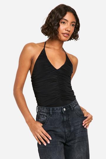 Tall Gathered Detail Double Layer Slinky Bodysuit black