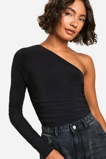 Tall One Shoulder Double Layer Slinky Bodysuit black