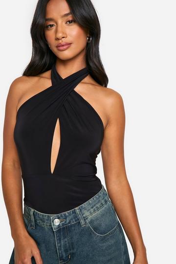 Petite Twist Detail High Neck Double Layer Slinky Bodysuit black