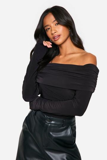 Black Petite Off The Shoulder Double Slinky Long Sleeve Bodysuit