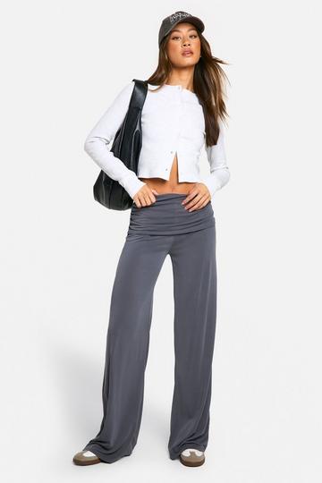 Tall Peached Jersey Knit Fold Over Waist Wide Leg Pants grey