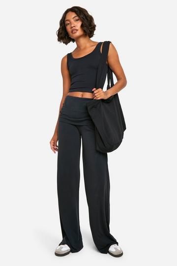 Tall Peached Jersey Fold Over Waist Wide Leg Trousers black