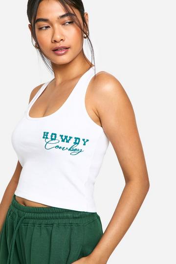 White Howdy Cowboy Slogan Ribbed Tank Top Top