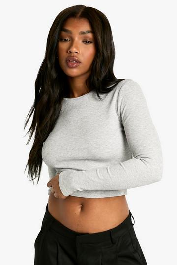 Boohoo Basics Long Sleeve Crew Neck Crop Top grey marl