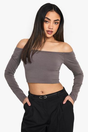 Boohoo Basics Off The Shoulder Long Sleeve Top charcoal