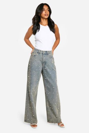 Petite Pearl Detail Wide Leg Jean light wash