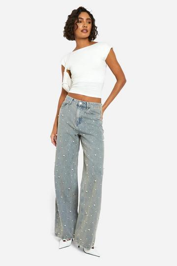 Tall Wide Leg Jeans Met Parels light wash