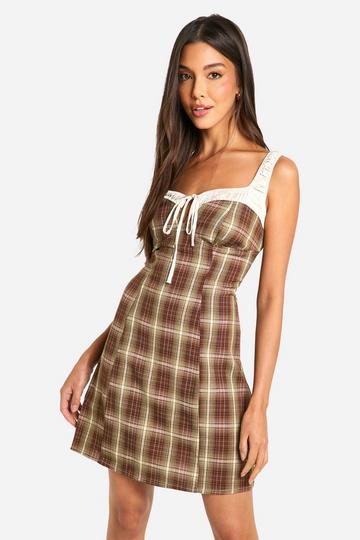 A-Line Satin Trim Check Dress brown