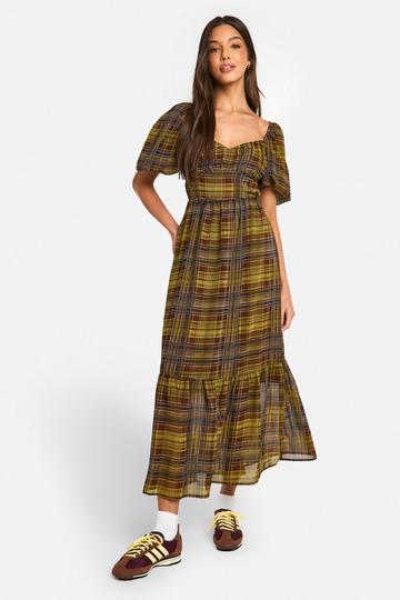 Check Puff Sleeve Maxi Dress green