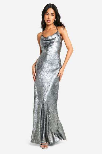 Metallic Cowl Maxi Dress silver