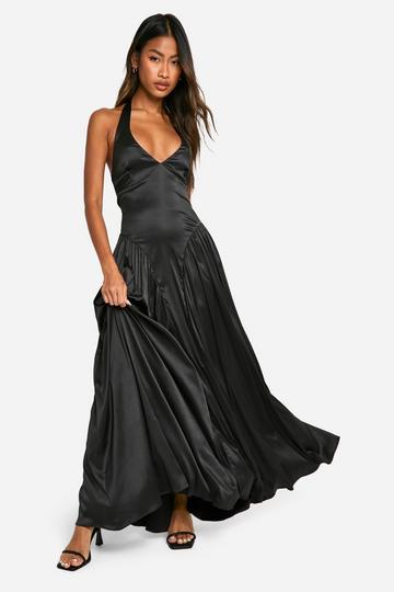 Black Satin Milkmaid Halterneck Maxi Dress