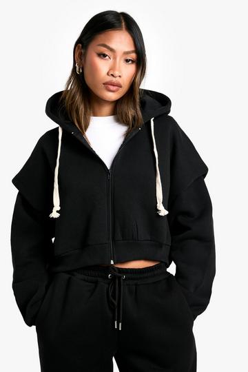 Black SHOULDER PAD ZIP THROUGH BOXY HOODIE