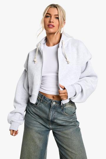 Grey SHOULDER PAD ZIP THROUGH BOXY HOODIE