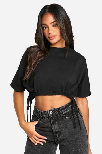 Black RUCHED TIE SIDE CROP T-SHIRT