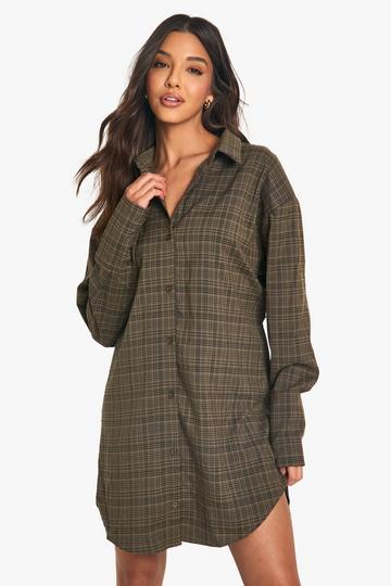 Check Cinched Waist Shirt Dress brown