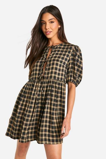 Check Tie Front Smock Dress brown