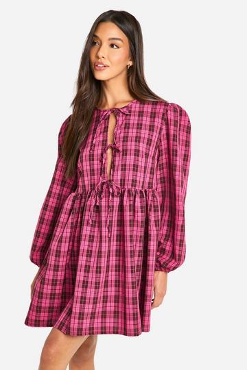 Pink Check Tie Front Smock Dress