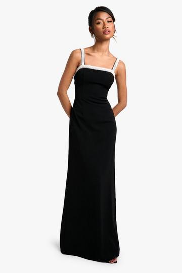 Neck Pearl Trim Detail Maxi Dress black