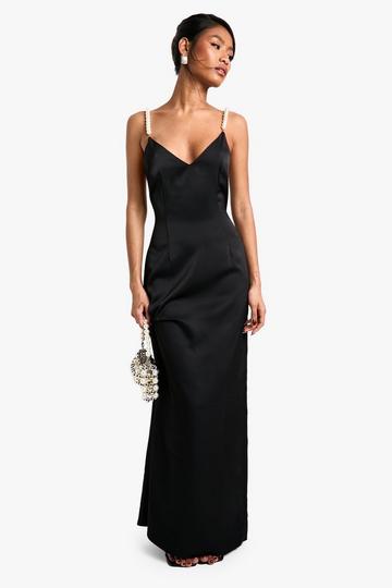 Pearl Trim Detail V Maxi Dress black